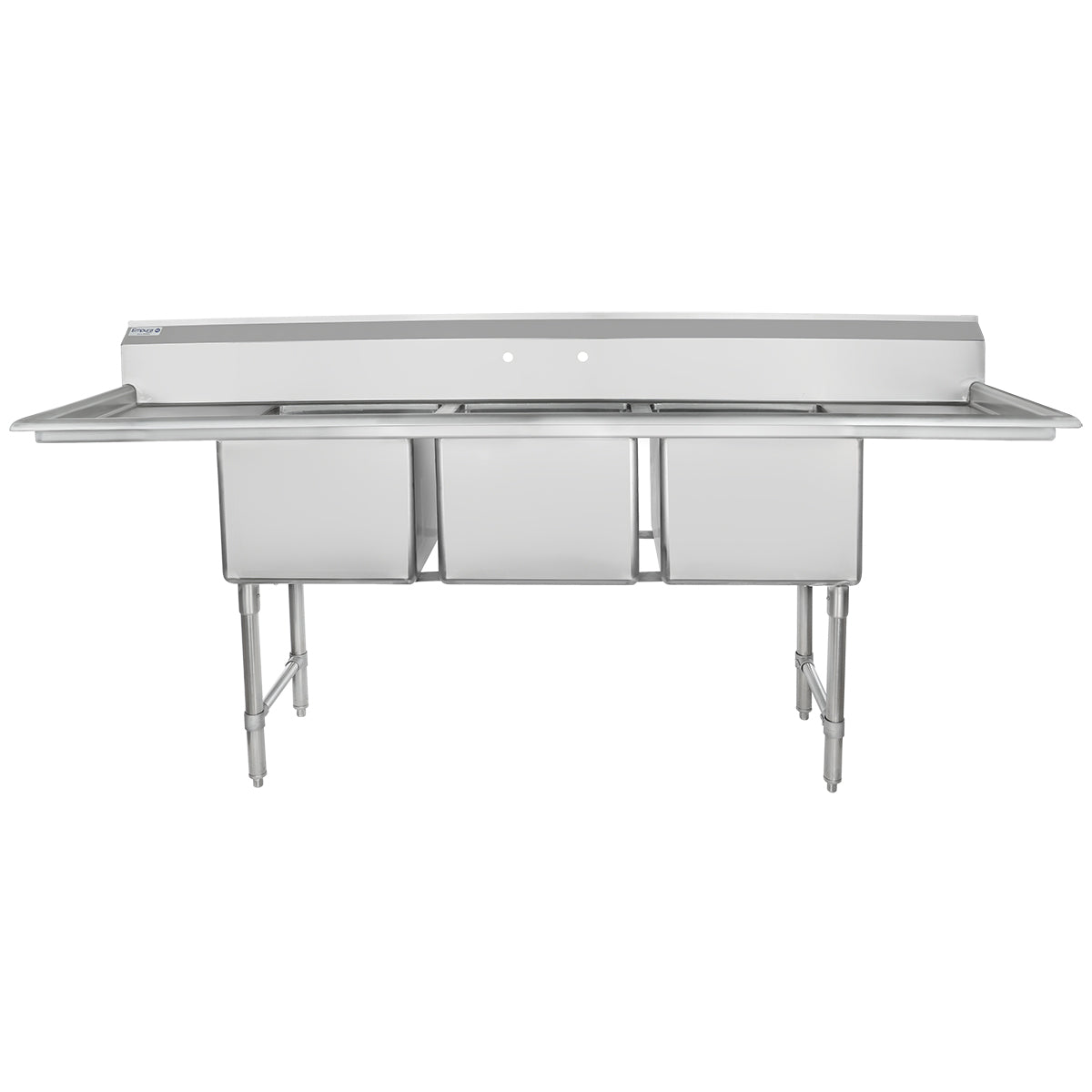 A heavy duty 3 compartment stainless steel sink with deep rectangular basins, a raised backsplash, and wide side drainboards. This NSF sink stands on sturdy metal legs, perfect for demanding kitchen or industrial environments.