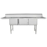 A heavy duty 3 compartment stainless steel sink with deep rectangular basins, a raised backsplash, and wide side drainboards. This NSF sink stands on sturdy metal legs, perfect for demanding kitchen or industrial environments.
