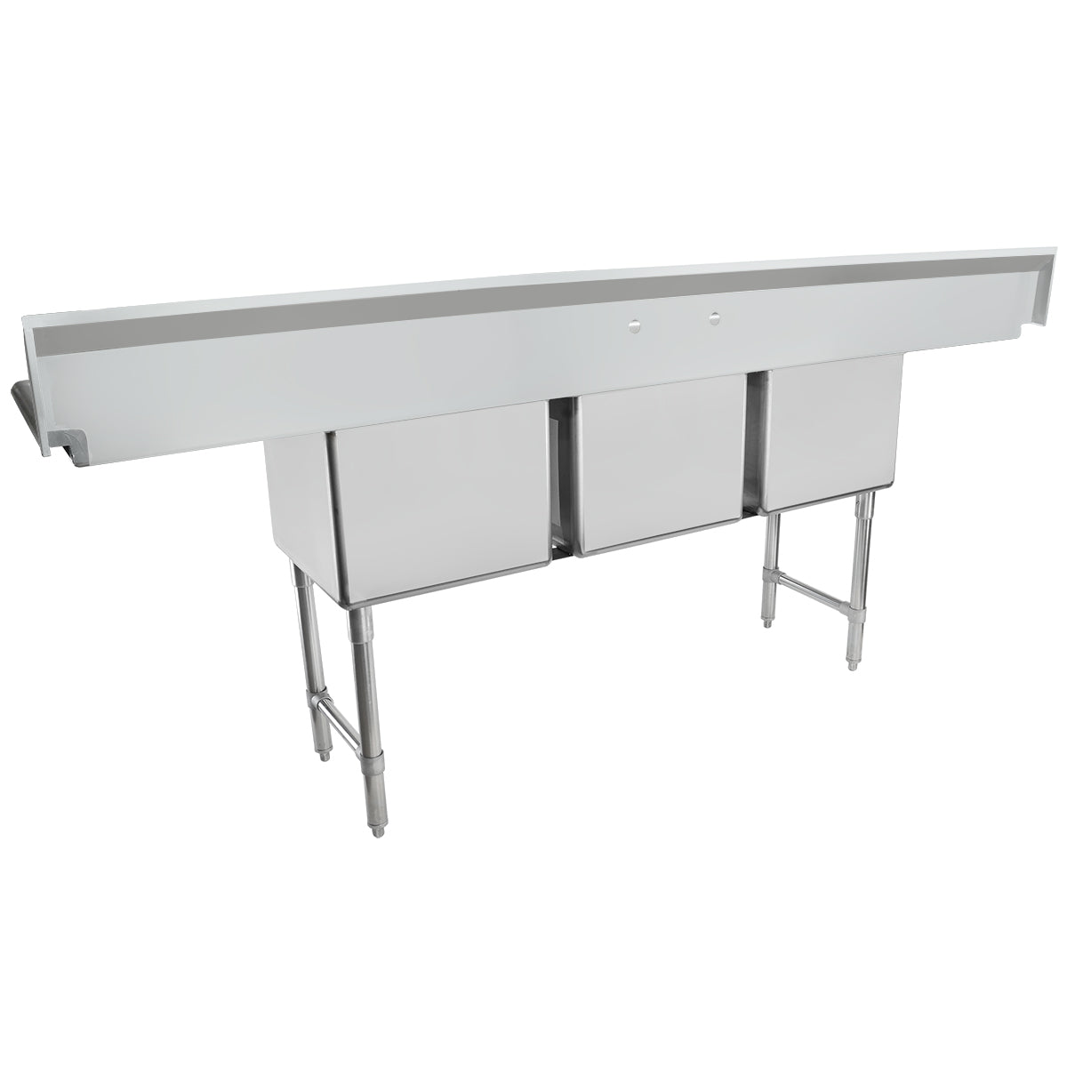 A heavy duty 3 compartment stainless steel sink with deep rectangular basins, sturdy legs, and a backsplash—ideal for kitchens or food service environments. This NSF sink offers durability and ample workspace for commercial use.