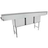 A heavy duty 3 compartment stainless steel sink with deep rectangular basins, sturdy legs, and a backsplash—ideal for kitchens or food service environments. This NSF sink offers durability and ample workspace for commercial use.