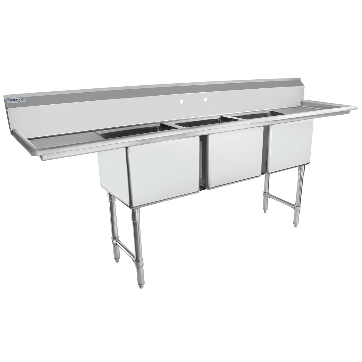 A large, NSF 3 compartment stainless steel sink with a backsplash, two drainboards on either side, and sturdy metal legs. This heavy duty sink is empty and designed for commercial kitchen or industrial use.