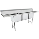 A large, NSF 3 compartment stainless steel sink with a backsplash, two drainboards on either side, and sturdy metal legs. This heavy duty sink is empty and designed for commercial kitchen or industrial use.