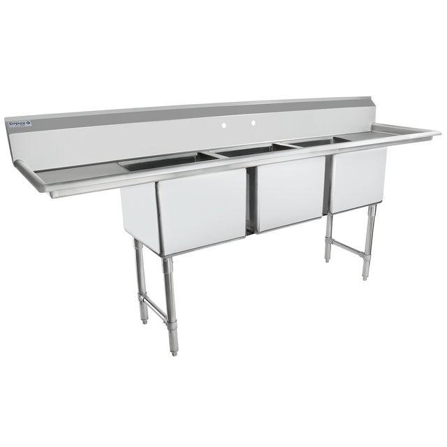 A large, NSF 3 compartment stainless steel sink with a backsplash, two drainboards on either side, and sturdy metal legs. This heavy duty sink is empty and designed for commercial kitchen or industrial use.