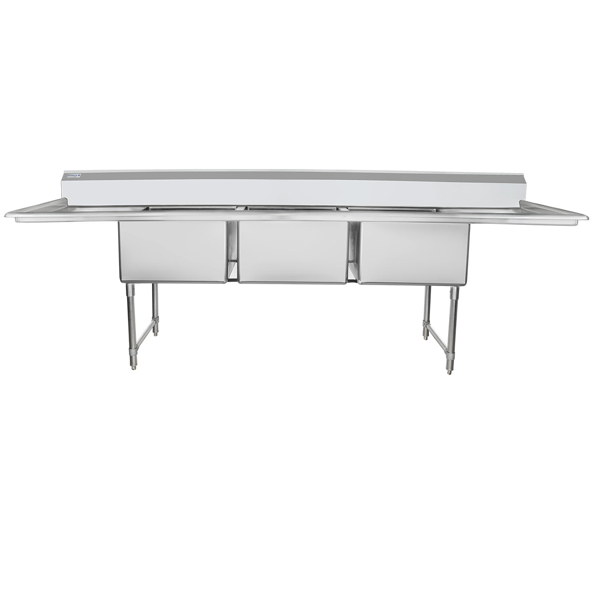 A stainless steel 3 compartment sink with a raised backsplash and drainboards on both sides. This NSF sink features sturdy metal legs and rectangular basins, ideal for kitchens or food service settings. The image is photographed head-on.
