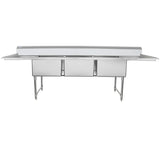A stainless steel 3 compartment sink with a raised backsplash and drainboards on both sides. This NSF sink features sturdy metal legs and rectangular basins, ideal for kitchens or food service settings. The image is photographed head-on.