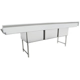 A long, rectangular NSF stainless steel sink with two deep basins, raised backsplash, undershelf storage, and four sturdy legs. Perfect for industrial kitchens or food service environments.
