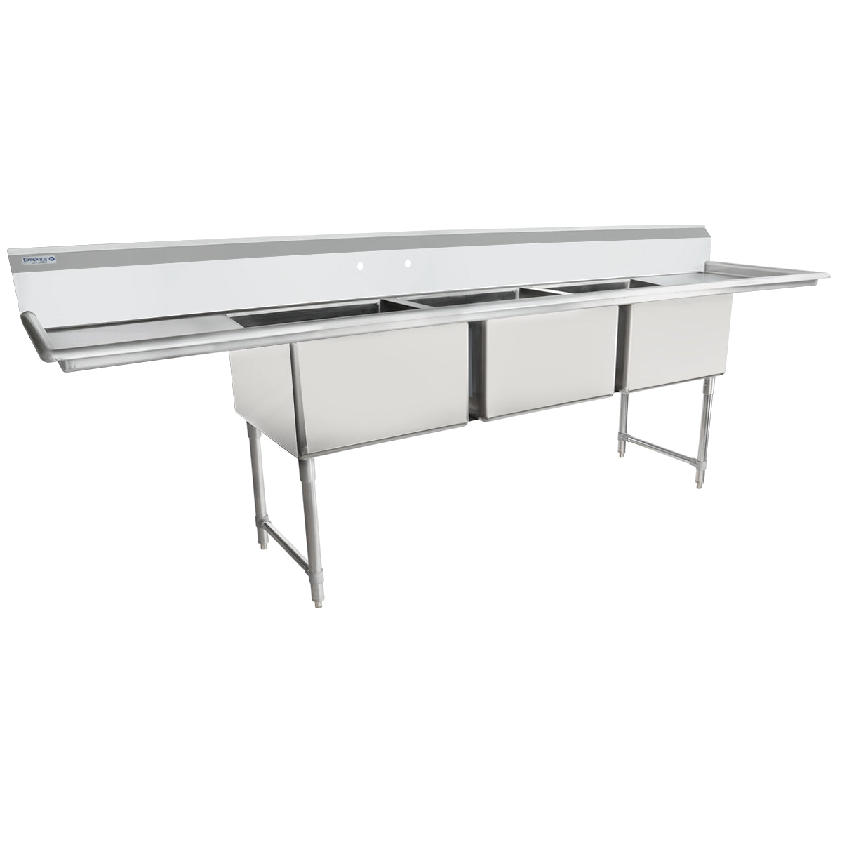 A large NSF 3 compartment stainless steel sink with a backsplash, dual drainboards, and sturdy metal legs for support; ideal for heavy-duty kitchen use in restaurants or food service establishments.