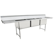 A large NSF 3 compartment stainless steel sink with a backsplash, dual drainboards, and sturdy metal legs for support; ideal for heavy-duty kitchen use in restaurants or food service establishments.