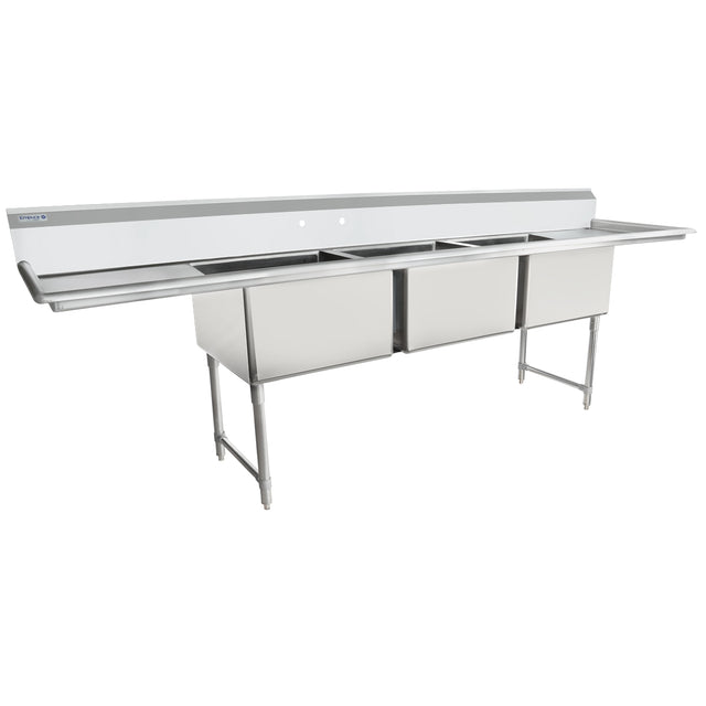 A large NSF 3 compartment stainless steel sink with a backsplash, dual drainboards, and sturdy metal legs for support; ideal for heavy-duty kitchen use in restaurants or food service establishments.