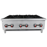 A commercial stainless steel gas stovetop featuring six black cast iron top grates and six control knobs with red accents. The Empura brand is centered below the knobs, and the unit stands on four short legs for easy countertop installation.