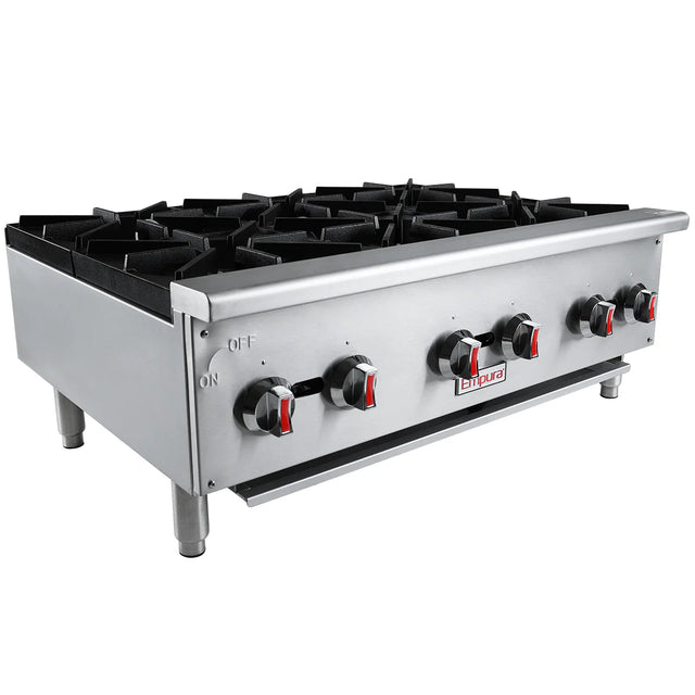 A commercial-grade, stainless steel gas hot plate with six black cast iron top grates, each burner controlled by a black knob with red trim. The control panel displays ON/OFF labels and the Atosa brand name is visible in the center.