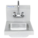 A wall mounted stainless steel hand sink with a rectangular basin, a tall central faucet, and separate hot and cold water handles. The sink is labeled “Empura NSF” on a sticker at the top left of the backsplash.