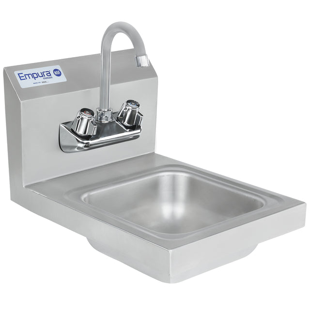 This Wall Mounted Hand Sink features a deep rectangular stainless steel basin with rounded corners, a tall curved faucet, and separate hot and cold water handles. The Empura brand is displayed on an upper left plate.