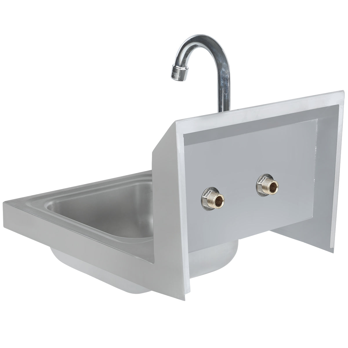 A wall mounted stainless steel utility hand sink with a high curved faucet and two side-by-side metal water inlet connections on the upright back panel. The deep basin design is ideal for utility or laundry settings.