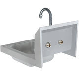A wall mounted stainless steel utility hand sink with a high curved faucet and two side-by-side metal water inlet connections on the upright back panel. The deep basin design is ideal for utility or laundry settings.