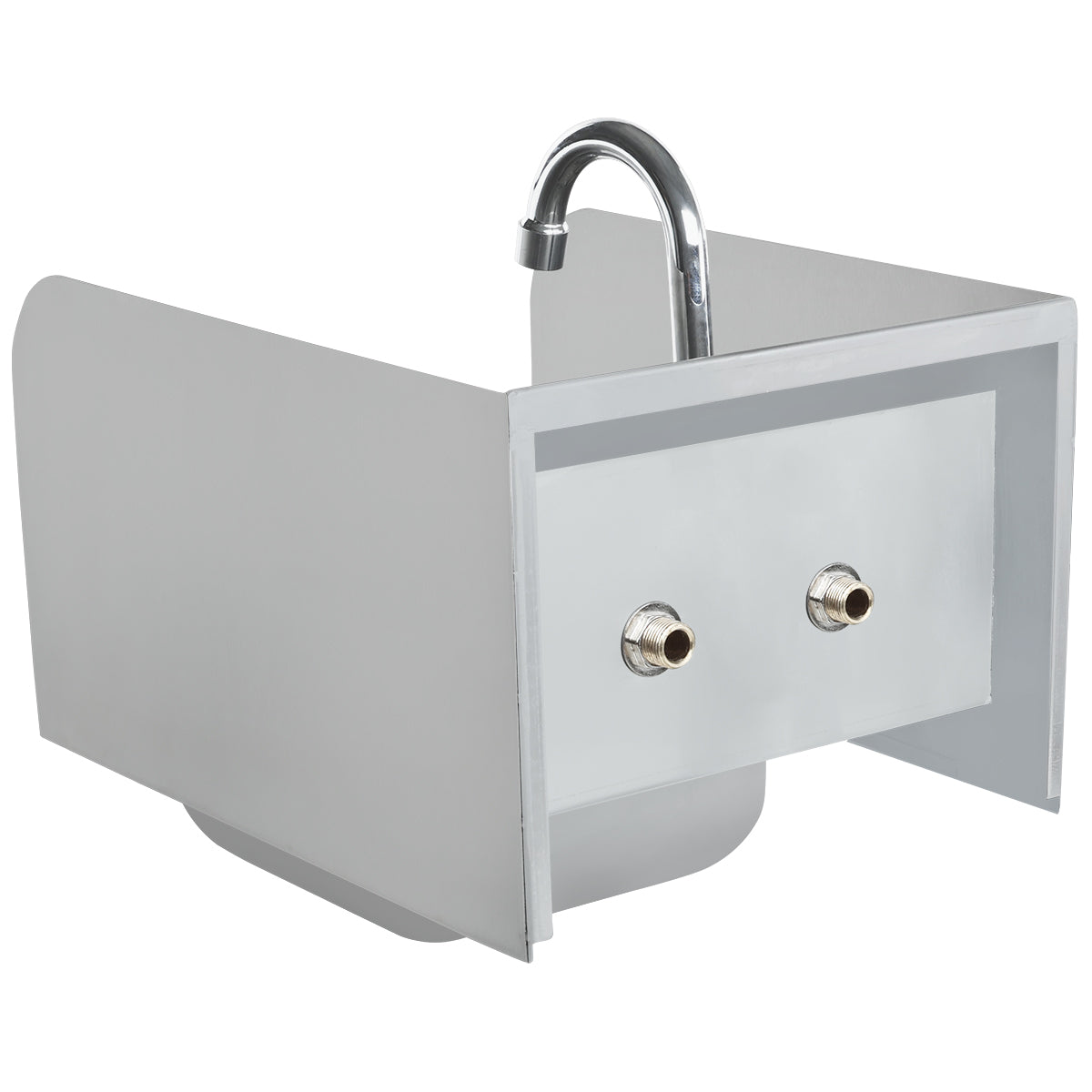 A gray wall mounted hand sink with tall, square side panels and a curved, chrome faucet above. Two metal water inlet connections are visible on the front panel. Designed for industrial use, it has a minimalist, functional appearance.