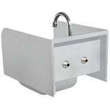 A gray wall mounted hand sink with tall, square side panels and a curved, chrome faucet above. Two metal water inlet connections are visible on the front panel. Designed for industrial use, it has a minimalist, functional appearance.