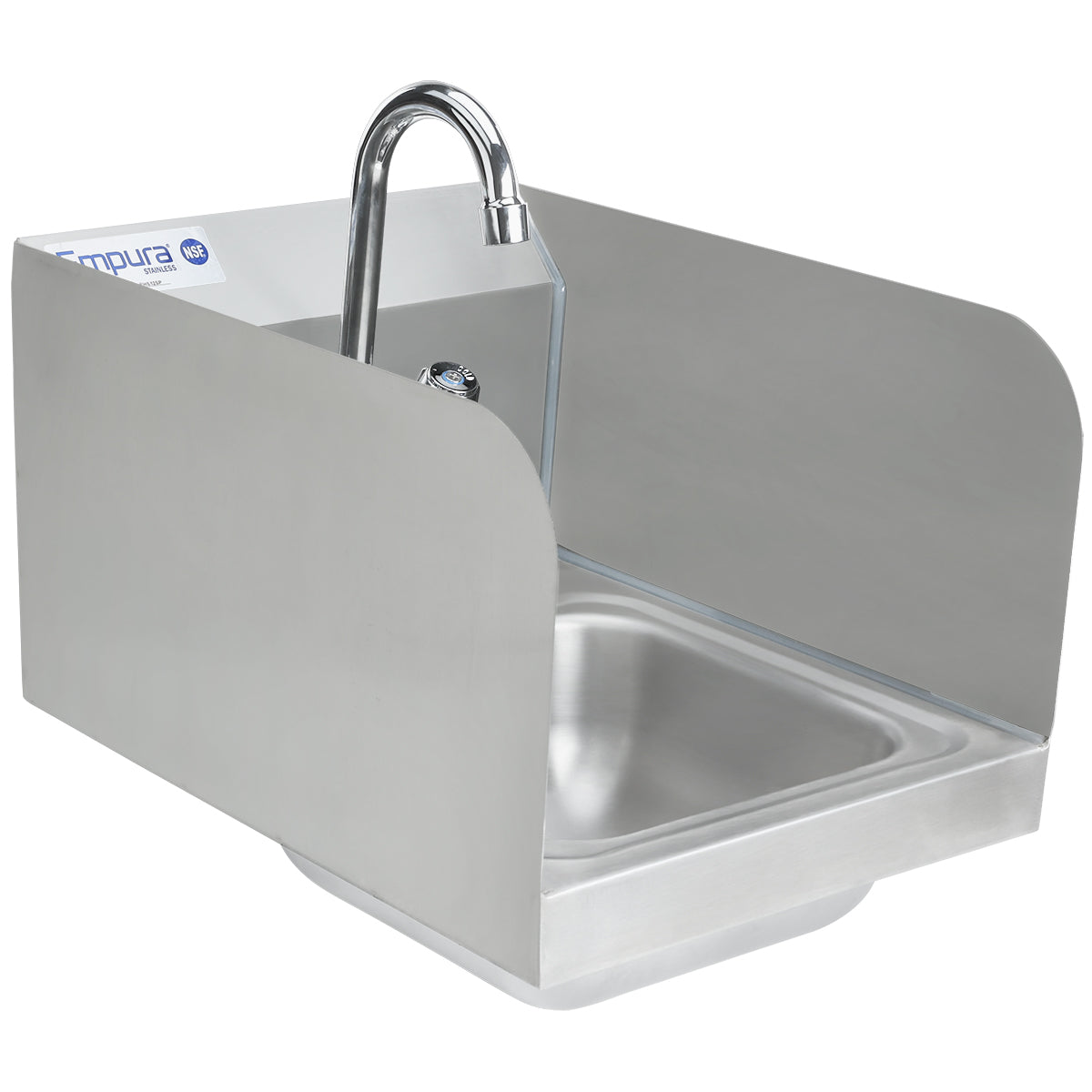 A wall mounted hand sink with high side and back splashes, a gooseneck faucet, and a small rectangular basin. The stainless steel sides curve upward for extra splash protection, and a manufacturers label is visible on the back panel.