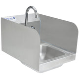 A wall mounted hand sink with high side and back splashes, a gooseneck faucet, and a small rectangular basin. The stainless steel sides curve upward for extra splash protection, and a manufacturers label is visible on the back panel.