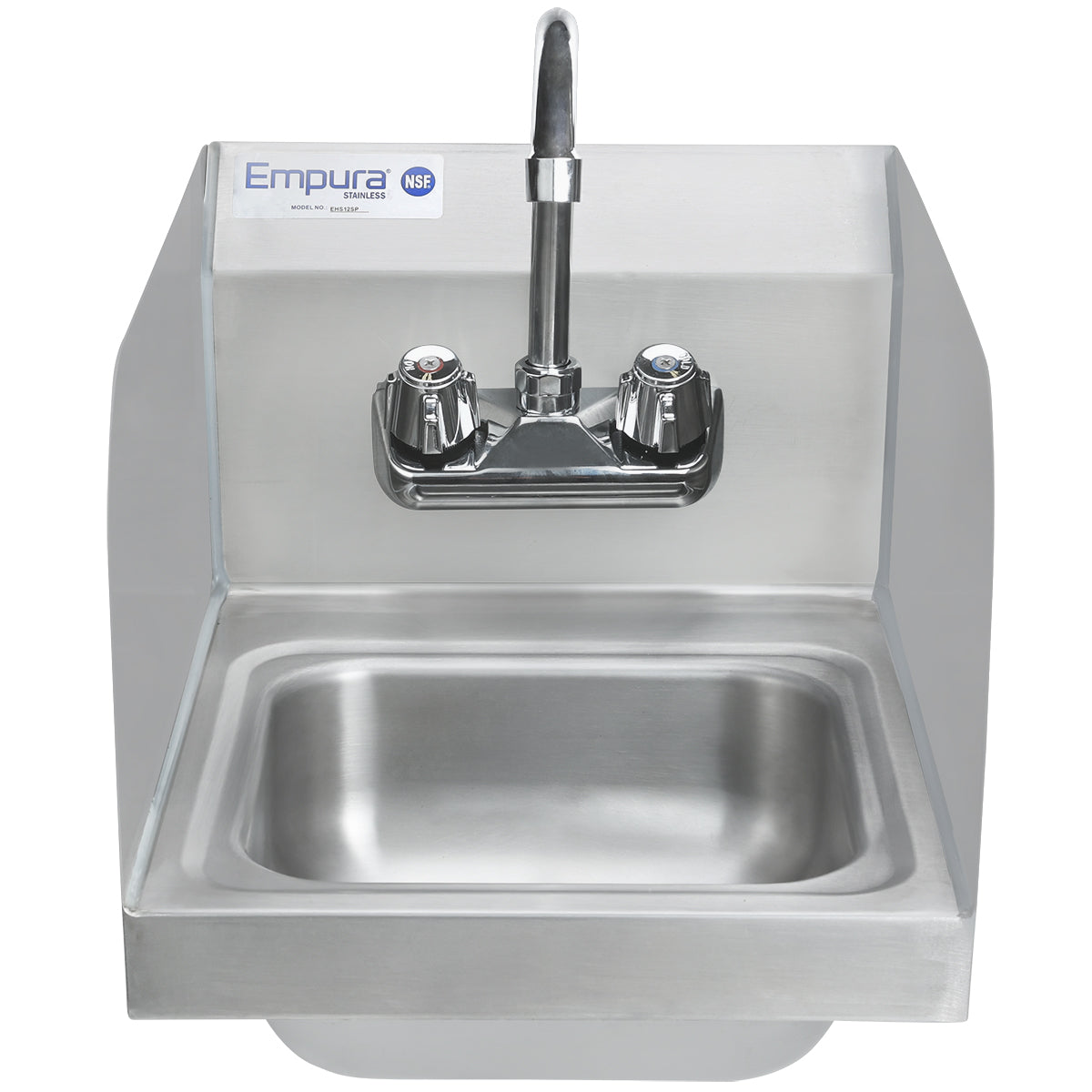 A stainless steel hand sink is wall-mounted with a single faucet and two handles, one hot and one cold. Featuring side splashes, the Empura and NSF logos appear in the top left corner. The background is plain white.