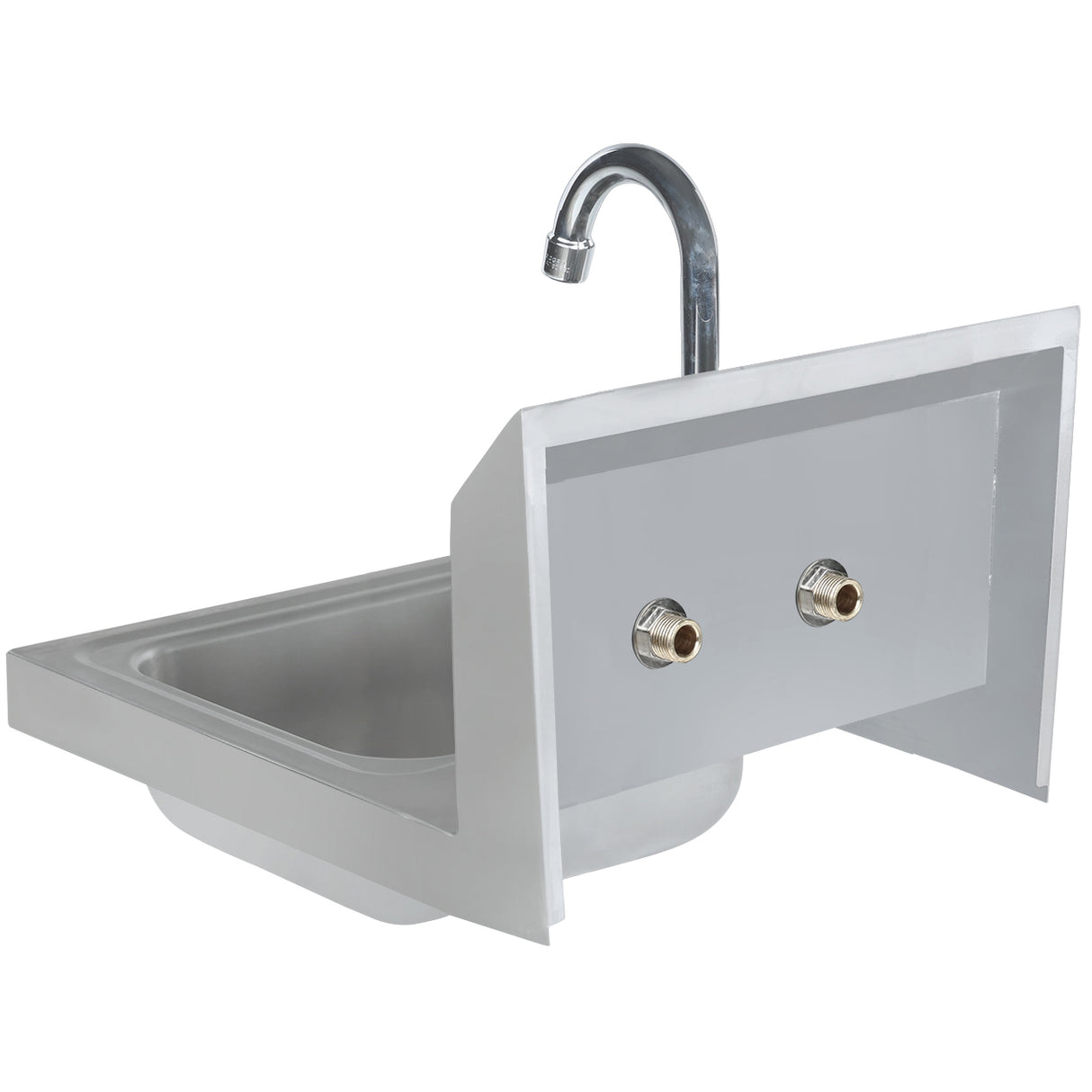 A wall mounted metal utility sink with a deep rectangular basin, curved chrome faucet, and two exposed water inlet valves on a white back panel. The stainless steel design features unfinished edges and is perfect as a durable hand sink.