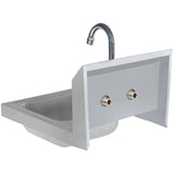 A wall mounted metal utility sink with a deep rectangular basin, curved chrome faucet, and two exposed water inlet valves on a white back panel. The stainless steel design features unfinished edges and is perfect as a durable hand sink.