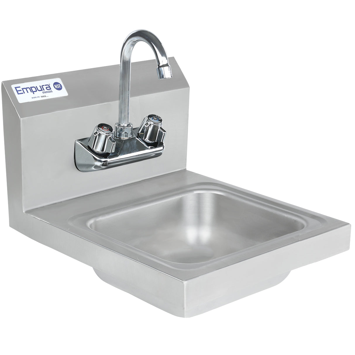 This wall mounted stainless steel hand sink features a rectangular basin, curved faucet, and separate hot and cold water handles. A subtle Empura label accents its clean, modern design.