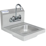 This wall mounted stainless steel hand sink features a rectangular basin, curved faucet, and separate hot and cold water handles. A subtle Empura label accents its clean, modern design.