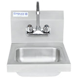 A wall-mounted stainless steel hand sink features a rectangular basin and a tall gooseneck faucet. Two handles for hot and cold water have colored caps. The backsplash displays the Empura brand sticker and NSF certification.