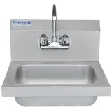 A stainless steel hand sink with a rectangular basin features two faucet handles (one red, one blue) for hot and cold water, a central gooseneck faucet spout, and displays the Empura brand label and NSF certification logo on the backsplash.