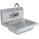 A stainless steel hand sink with a rectangular basin, high backsplash, dual handles, and a gooseneck faucet. The Empura brand label is visible on the backsplash’s top left corner. The overall design is industrial and utilitarian.