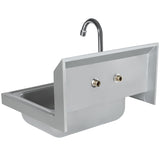 A stainless steel hand sink with a deep rectangular basin, high backsplash, two exposed water inlets, and a tall gooseneck faucet extending above the sink. This setup is designed for convenient wall-mount installation.
