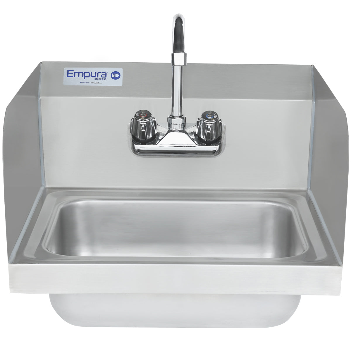 A stainless steel hand sink with a rectangular basin, backsplash, and two faucet handles (red and blue). The Empura brand label and NSF certification are visible on the top left corner of the backsplash. Features a durable, wall-mounted design.