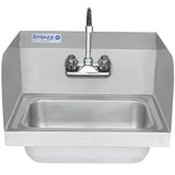 A stainless steel hand sink with a rectangular basin, backsplash, and two faucet handles (red and blue). The Empura brand label and NSF certification are visible on the top left corner of the backsplash. Features a durable, wall-mounted design.