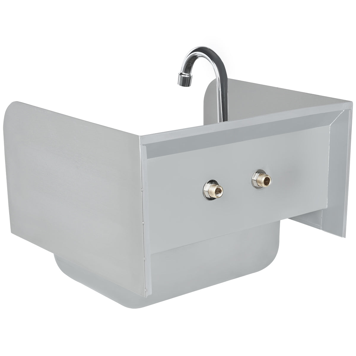 A stainless steel hand sink with a gooseneck faucet, two protruding water inlet valves on the front panel, and side shields extending above the basin. The sink is designed for wall mounting and appears suitable for commercial or industrial use.