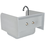 A stainless steel hand sink with a gooseneck faucet, two protruding water inlet valves on the front panel, and side shields extending above the basin. The sink is designed for wall mounting and appears suitable for commercial or industrial use.
