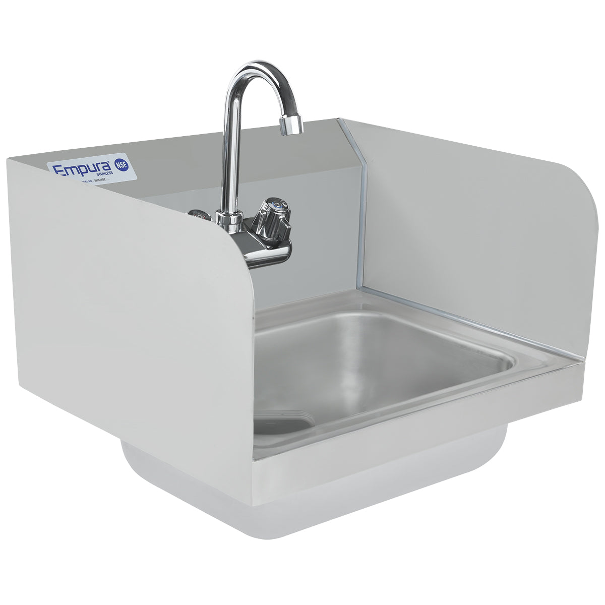 A stainless steel hand sink with side splash guards, a gooseneck faucet, and wall-mount fixture. The rectangular basin features an Empura brand label, while the raised sides and back help prevent splashing onto nearby surfaces.