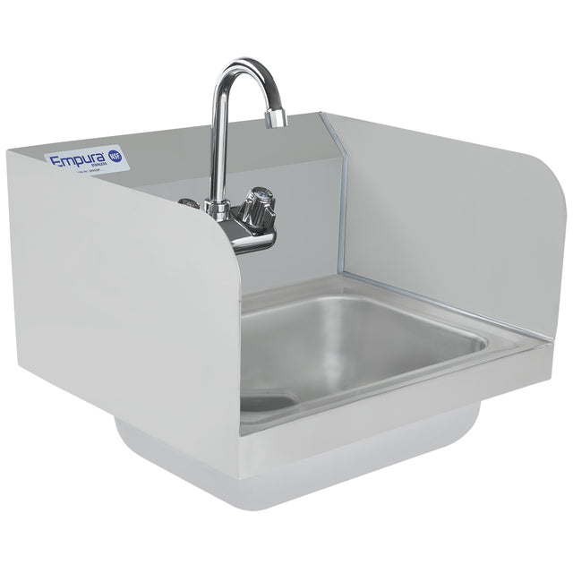 A stainless steel hand sink with side splash guards, a gooseneck faucet, and wall-mount fixture. The rectangular basin features an Empura brand label, while the raised sides and back help prevent splashing onto nearby surfaces.