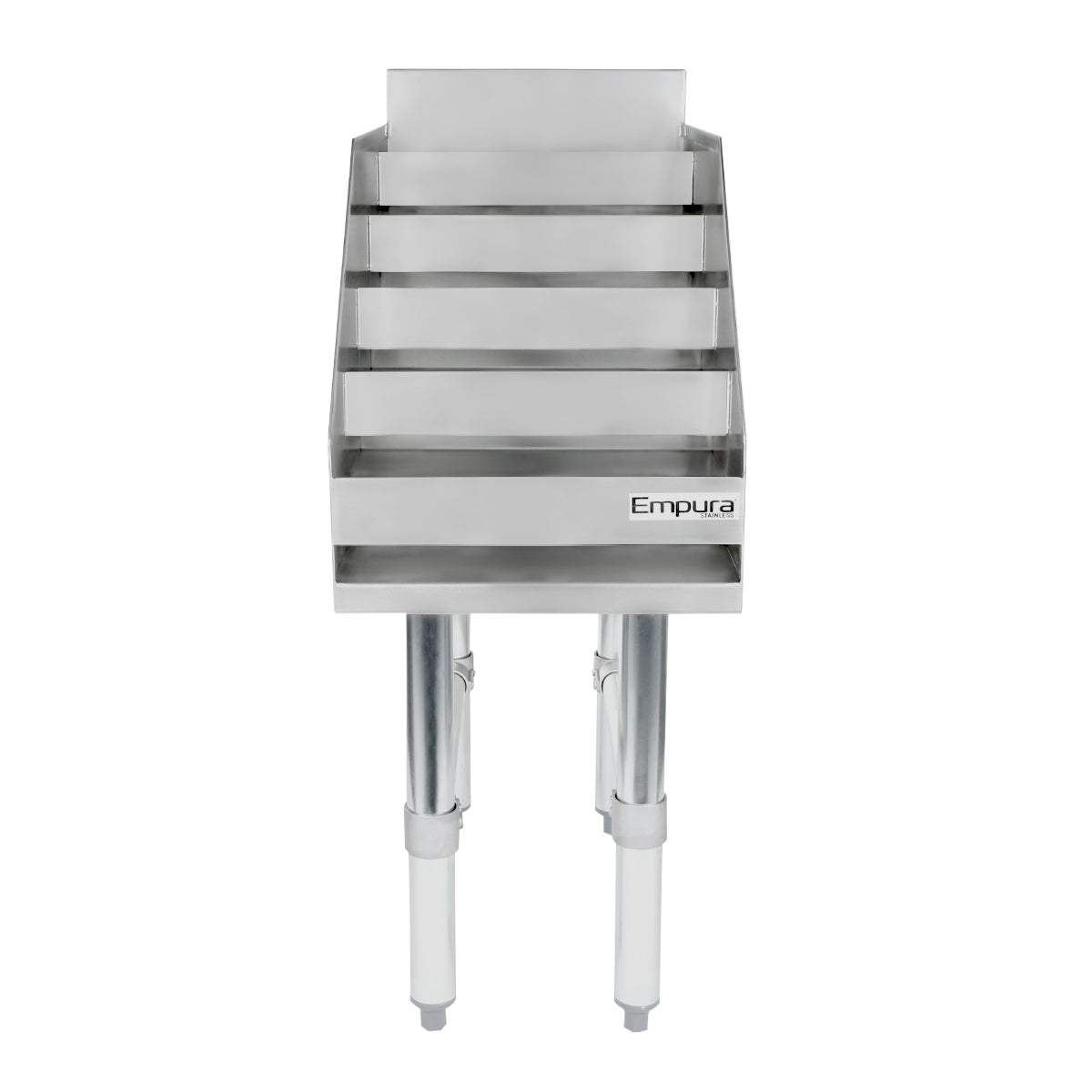 A stainless steel Empura slanted rack, NSF certified and perfect as an underbar liquor display stand, features five horizontal shelves for trays or pans, supported by four sturdy adjustable legs, viewed from the front.