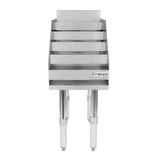 A stainless steel Empura slanted rack, NSF certified and perfect as an underbar liquor display stand, features five horizontal shelves for trays or pans, supported by four sturdy adjustable legs, viewed from the front.