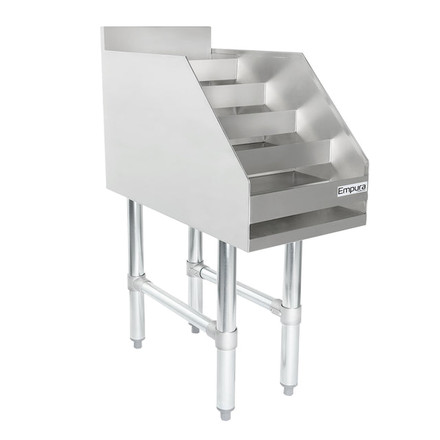 Stainless Steel Liquor Display with four angled shelves, mounted on tall tubular metal legs. The unit is open on top and front, with a raised back and sides. Features an “Empura” label on the lower right front corner; perfect as an NSF Underbar Liquor Display Stand.