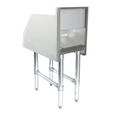 A stainless steel commercial kitchen sink or workstation with NSF certification, four metal legs, a partial backsplash, and a sturdy rectangular design. The open lower section shows support bars for stability, giving it a clean and industrial look.