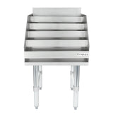 A stainless steel Underbar Liquor Display Stand with five horizontal shelves, supported by four sturdy legs. The shelves have raised edges, the NSF-certified Empura logo on the right front, and a plain white background.