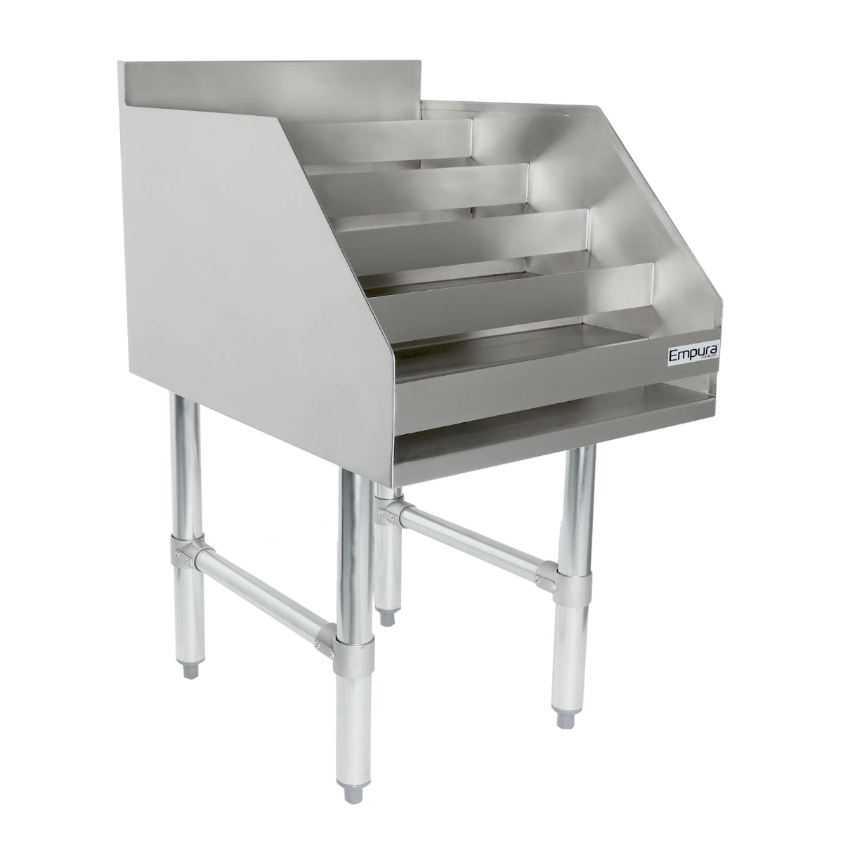 A stainless steel, NSF-certified 4-tier Underbar Liquor Display Stand with slanted shelves, raised sides and back, and sturdy legs. Ideal for organizing bottles in kitchens or bars. The Empura logo is visible on the front right corner.