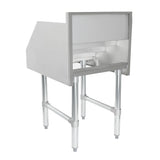 An NSF-certified stainless steel commercial equipment stand with four sturdy legs, horizontal support bars, and a raised back and sides, ideal for supporting kitchen appliances or workstations. The smooth surface offers a sleek, industrial look.