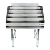 Front view of a stainless steel dish rack with four horizontal shelves, ideal as an NSF-certified Underbar Liquor Display Stand for commercial kitchens. The rack stands on sturdy legs and features raised back and sides for support. Empura label on the right.