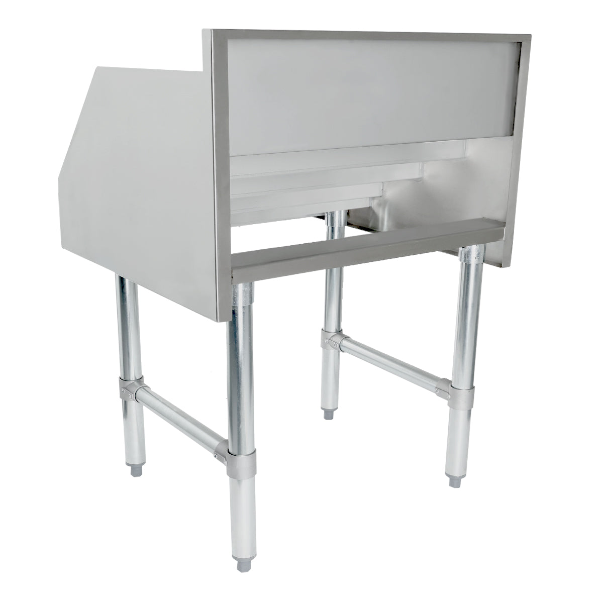A stainless steel, NSF-certified industrial work table with four cylindrical legs, a flat top, raised back and side edges, and open space beneath. Its clean, angular design is perfect for commercial or kitchen use.