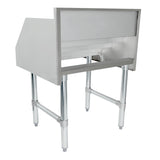 A stainless steel, NSF-certified industrial work table with four cylindrical legs, a flat top, raised back and side edges, and open space beneath. Its clean, angular design is perfect for commercial or kitchen use.