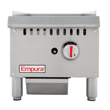 A stainless steel Empura EMG-12 heavy duty gas griddle with a control knob featuring a red indicator, raised “OFF” and “ON” settings, ventilation slots, drip tray below, four sturdy legs, and the Empura logo displayed on the front.