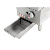 A close-up of the Empura EMG-12 heavy duty gas griddle shows an open drip tray below a control knob and red ignition button. The stainless steel appliance features metal legs, instructions on the side, and a prominent "Empura" label.